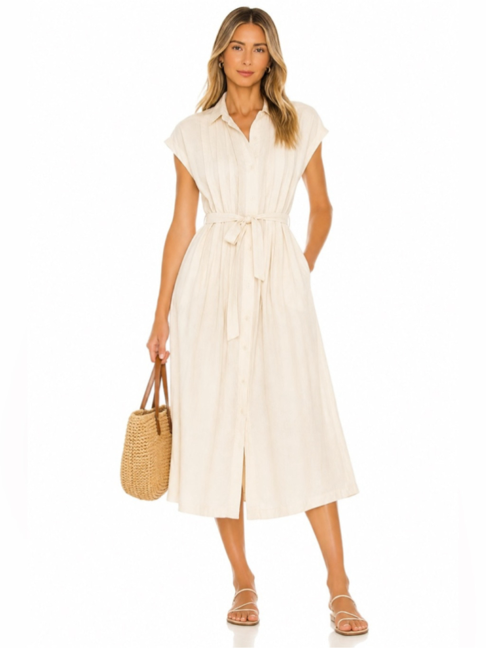 Uniqlo Comptoir des Cotonniers Cream Belted Midi Shirt Dress L